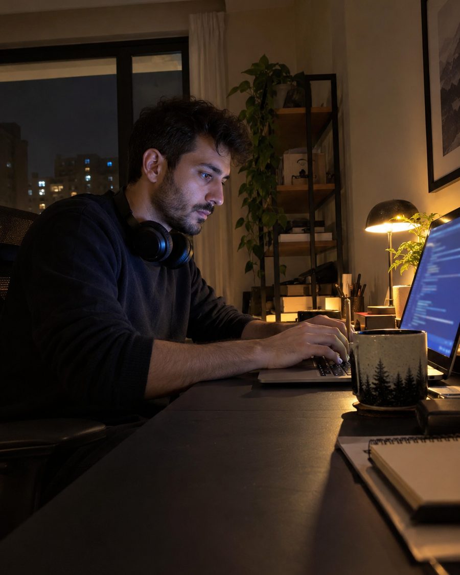 Deniz typing on a laptop at night, code glowing on the screen, headphones around his neck
