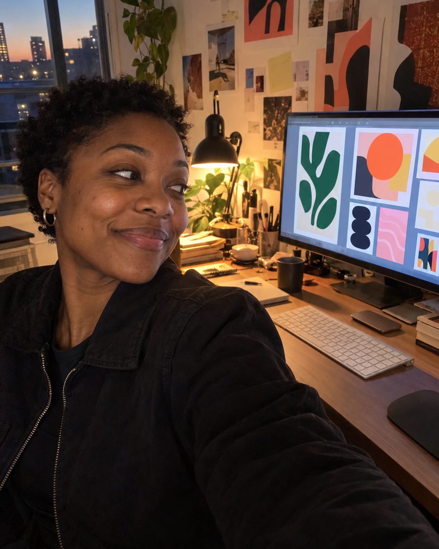 Lena taking a quick selfie in her studio, glancing at design artboards on her monitor