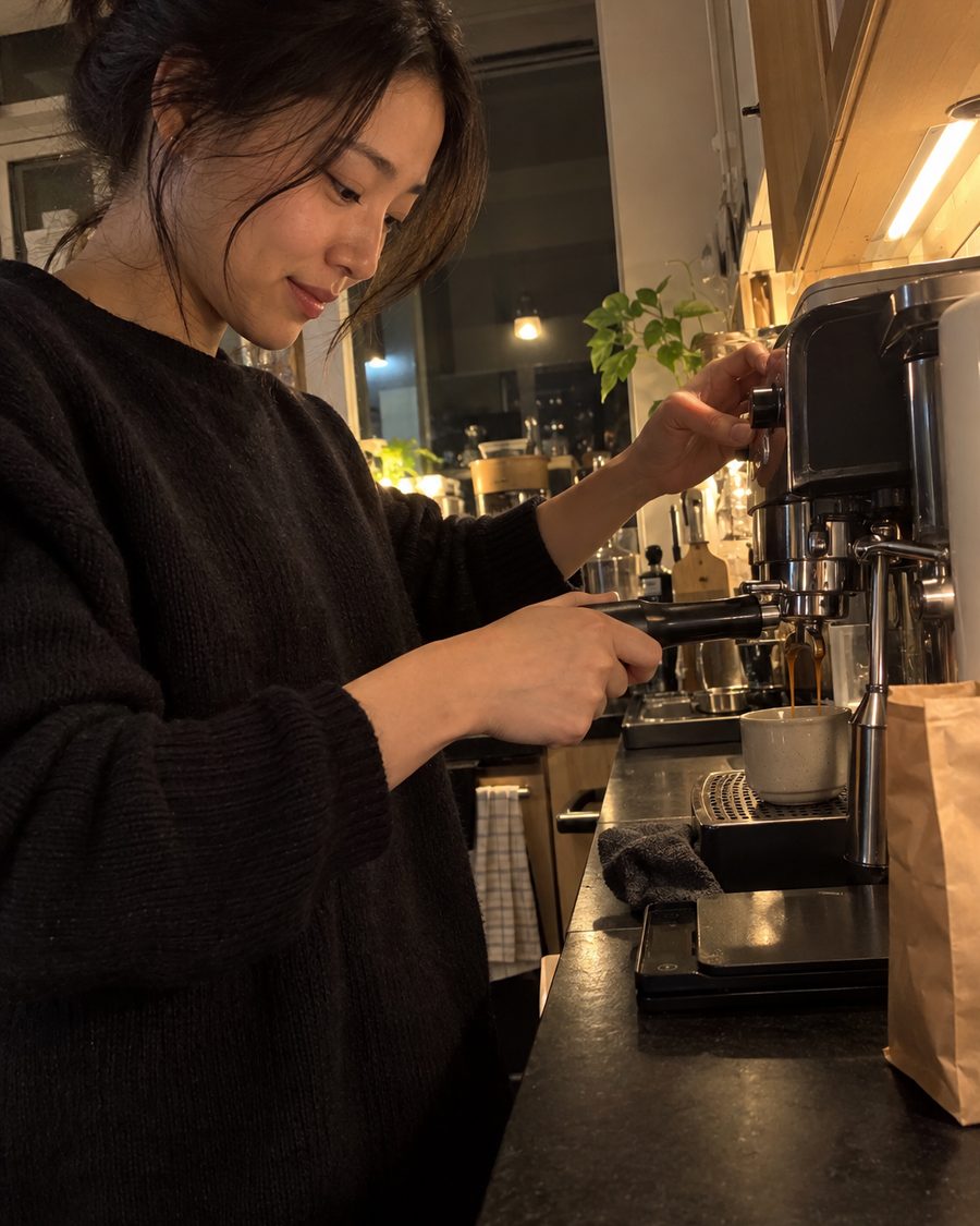 Yuna pulling an espresso shot on a home machine in a dim kitchen